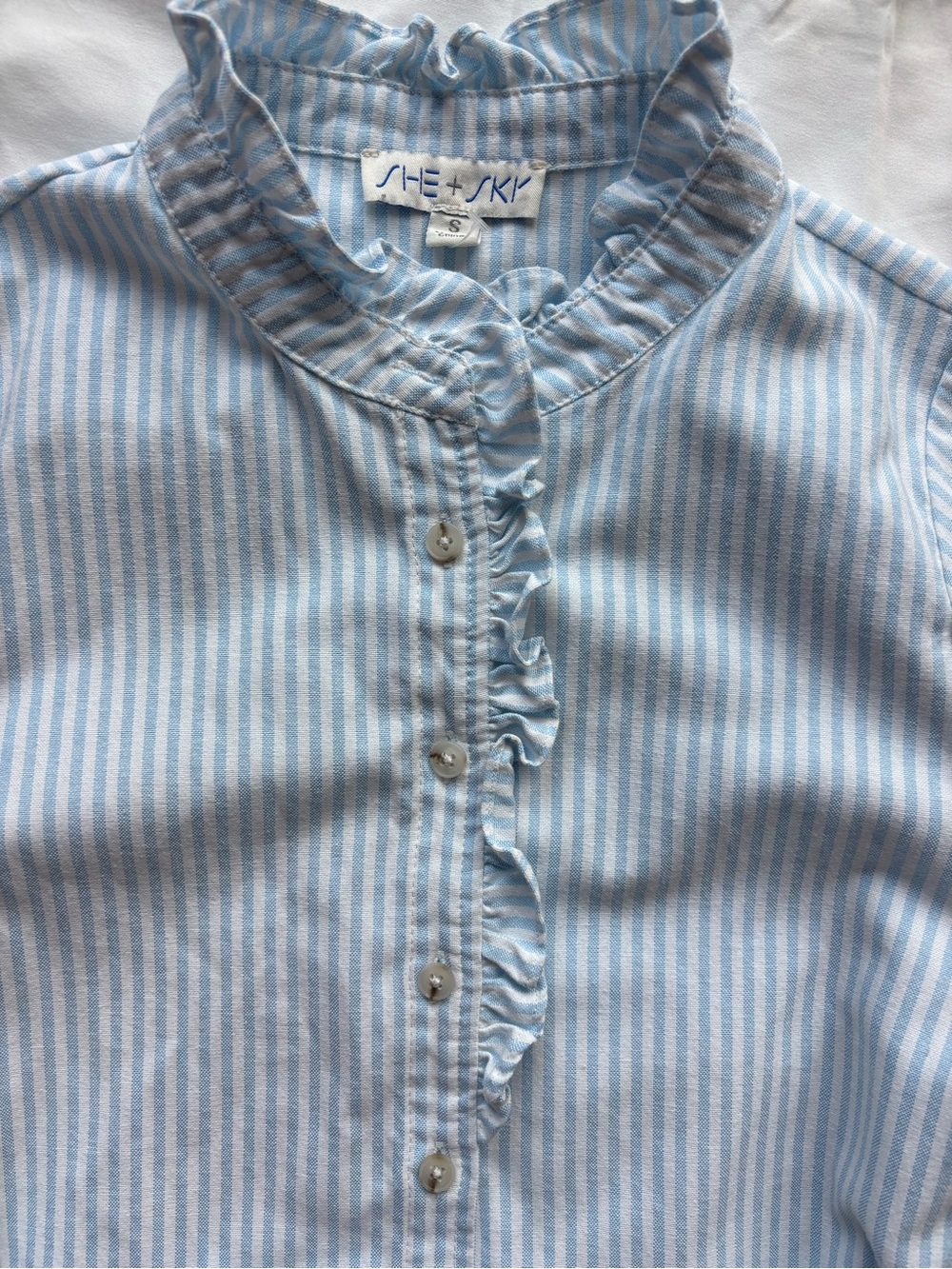 She + Sky  Blue and White Striped Ruffle Collar Tie-Waist Dress - Picture 6 of 7